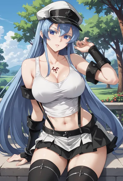 esdeath, blue eyes, blue hair, long hair, BIG BREASTS, eyelashes, red face, masterpiece, flowing bangs, single sidelock, break arm guards, bare shoulders, black skirt, black play sports often, black Thighhighs, clavicle, crop top, earrings, jewelry, abdome...