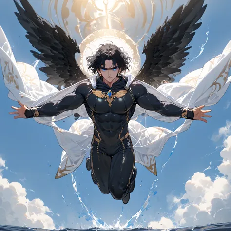 Alone, a man, Young,  medium hair sauna suit,  black hair , slit eyes,  Blue Eyes, black sclera,  toned body , defined muscles, 3 pairs of wings ,  large wings, Seraphim Wings,  Greek clothes ,  flowing clothes, flying in the air