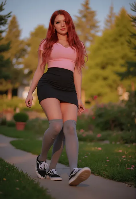 ultra realistic, photography, long red hair, girl, 24 years old, hourglass figure, perfect body, medium natural breasts, Flirty look, extremely detailed artgerm, in the style artgerm, lens 35 mm, blur background, walking, in the park at dawn, wearing a pin...