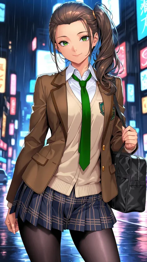 masterpiece, best quality, very aesthetic, realistic detailed anime, Sharp Focus, high contrast, 1girl, detailed green eyes, smile, semi-long hair, dark brown silky hair, hair styled in a center-parted slicked-back look, side ponytail, contrapposto, Captiv...