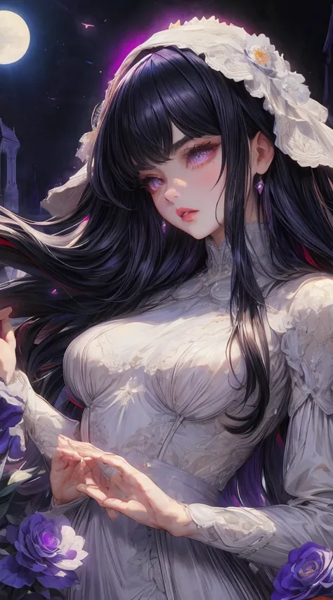 masterpiece, highest quality, (solo focus), (perfect face:1.1), (high detail:1.1), (hyper detailed eyes), dramatic, 1 woman, (Pale skin), long black hair, (violet irises), individual focus, noble woman, long hair, moon, night, lace dress, pouty lips, thick...