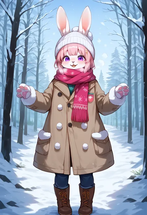 score_9, score_8_up, score_7_up, score_6_up, score_5_up, score_4_up, source_anime, best quality, amazing quality, very aesthetic, absurdres, 1girl, (furry, kemono:1.3), rabbit, rabbit girl, rabbit ears, winter_forest, snow_footprints, looking at viewer, st...