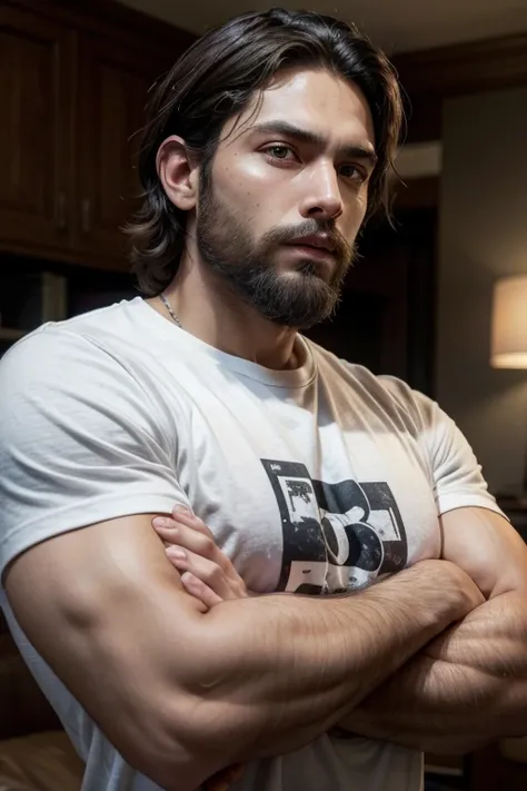  Close-up of a man , bearded, Alone, black skin,  tanned skin,  brown skin , latino,  brown hair, messy  brown hair,  short hair, dark eyes,   tanned skin, Heavy set, Big bones , strong, , only, well-groomed beard,  detailed skin , cara neutra, (Wearing a ...