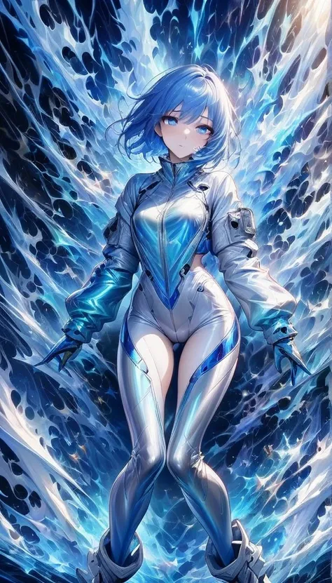 (masterpiece,  top quality,  highest resolution , unique_image,  Detailed Details): ( unique , Lonely girl, Japanese Face Hole, girl with blue hair, Short hair, Overall body shape, Small Bust ,  Sparkling Blue Eyes ,  metallic white and blue bomber suit, b...