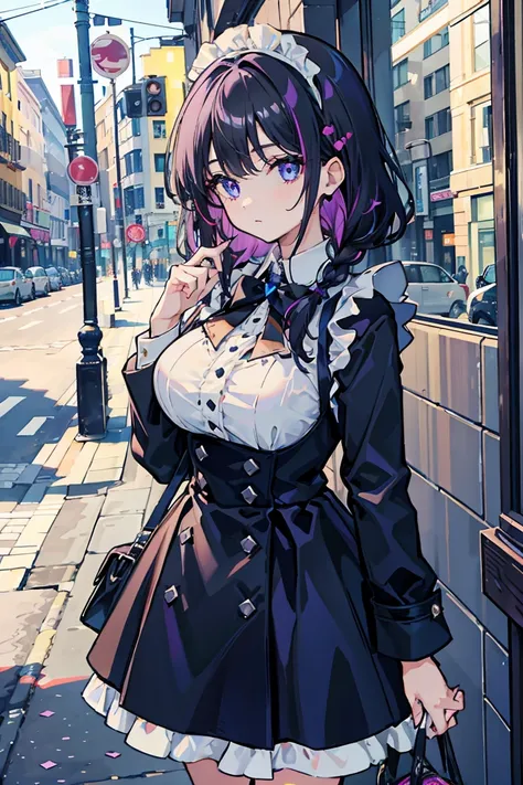  1 girl, Maid, Open the front of your coat, Black shiny hair,Purple inner hair color, ( hair accessories),(  photo showing test style  ),Big Breasts,  brightly colored clothes ,  braiding ,  gentle expression ,  beautiful expression , Sparkling blue eyes, ...