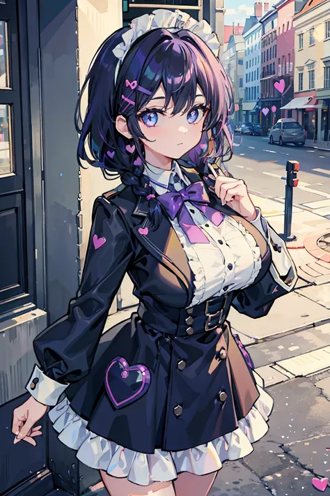  1 girl, Maid, Open the front of your coat, Black shiny hair,Purple inner hair color, ( hair accessories),(  photo showing test style  ),Big Breasts,  brightly colored clothes ,  braiding ,  gentle expression ,  beautiful expression , Sparkling blue eyes, ...