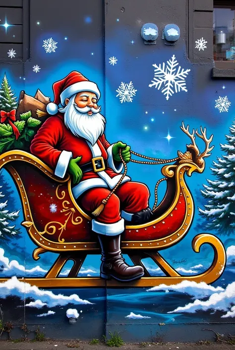 ((masterpiece)) ((photography)) ((Highest quality)) ((masterpiece)) A graffiti-style illustration of Santa Claus, drawn on a wall. He is sleeping on his sleigh, looking relaxed with a peaceful expression. The colors are vibrant, and the artwork has a stree...