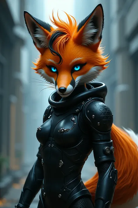 Sci- fi themed fox anthromorph blue eyes lean body short looks gothic has a straight face fur is orange and has blac streaks inhair that is tied in a messy ponytail