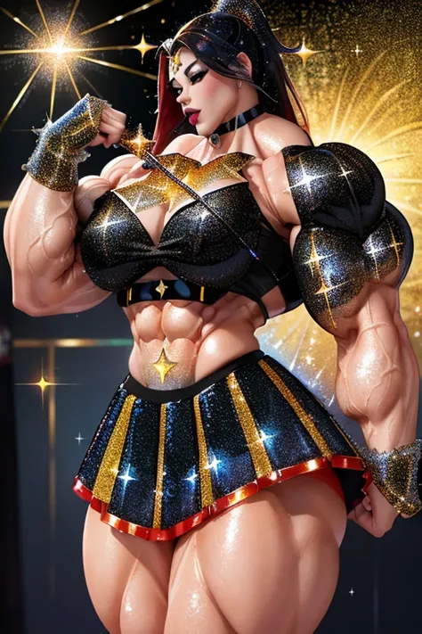 ((Close-up)), tall, (red hair), beautiful muscular asian woman, long hair, white skinned, (black lipstick), (massive muscles), (hyper muscle), ginormous bulky muscles, yellow eyes, (((((sparkly pop idol costume with skirt))))), choker, boots, (on the skysc...