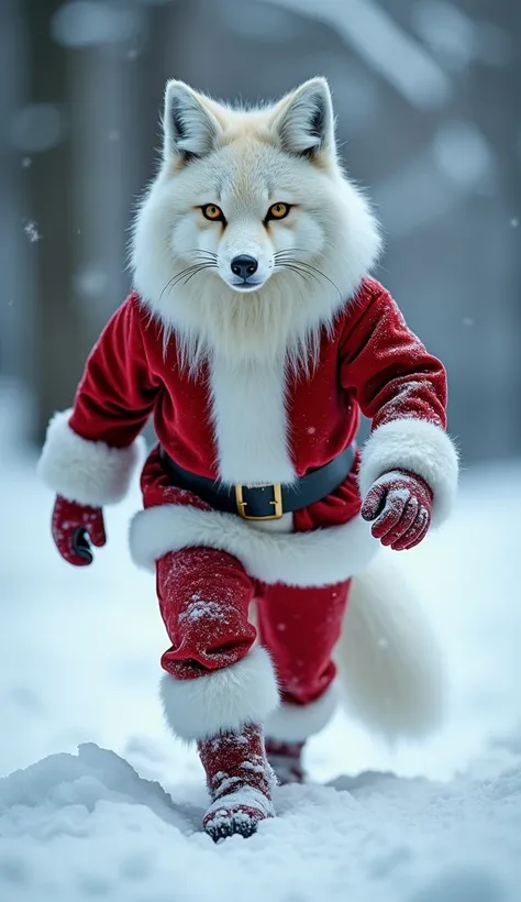 A sleek hybrid of Santa Claus and an arctic fox prowls the snowy North Pole. This character has Santa’s red suit and beard fused with the sharp, graceful features of an arctic fox. Its fur shimmers with frost, and its eyes glow with holiday magic, creating...