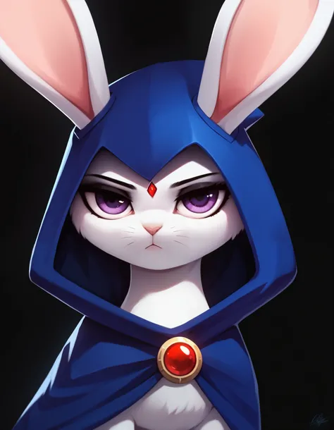 score_9, score_8_up, score_7_up, solo 1girl, solo,  Expressiveh, (BunnyRaven, bunny girl, bunny ears, whiskers, purple eyes, hooded cape, blue cape, feral), expressionless, standing, black background, female focus, looking at viewer, simple background, 4k,...