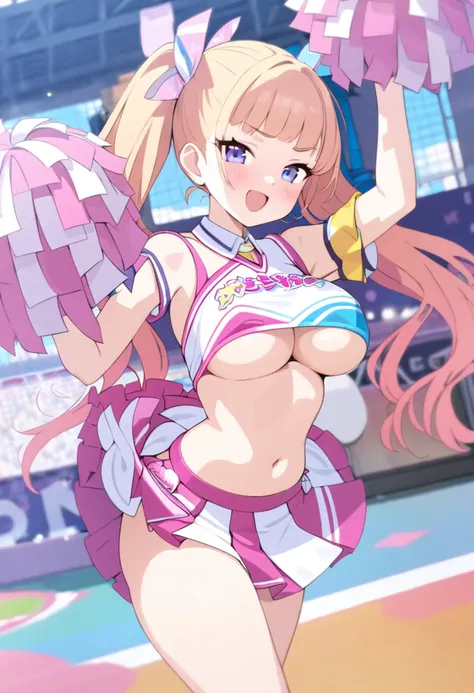 (masterpiece, best quality), 1girl, solo, kawaii, cheerleader, underboob, ((waving skirt))