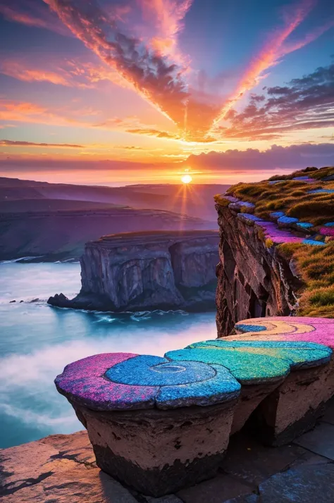 Cliff Edge Stone Bench ,  Unnatural Psychedelic Skies and 、 Enchanting Colourful Swirling Paisley Patterns ,  Beautiful Fluorescent Fine Clouds ,   Gorgeous Sunset Lighting , Vivid bright colors,  Cinematic Composition,   Highly Detailed Photorealistic Sce...