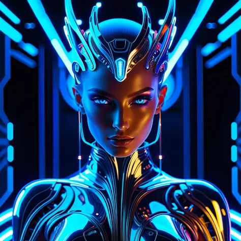 A resplendent, 4K masterpiece of a futuristic cyborg android, where a breathtakingly beautiful, humanoid form merges with the ethereal essence of a shimmering unicorn. Her porcelain skin glows with an otherworldly sheen, as her striking eyes seem to hold t...