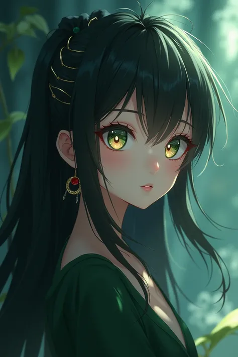 An anime character with fair skin, long dark hair and heterochromia chromia with green and brown eyes 