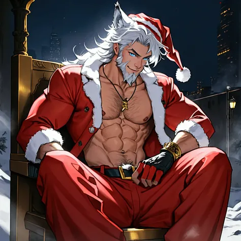 athletic muscular male with long white messy hair, fluffy wolf ears and fluffy wolf tail, wearing santa vest, wearing santa hat, wearing santa pants, himbo, showing abs, showing chest, light body hair, happy demeanor, has a light beard, lithe, wearing fing...