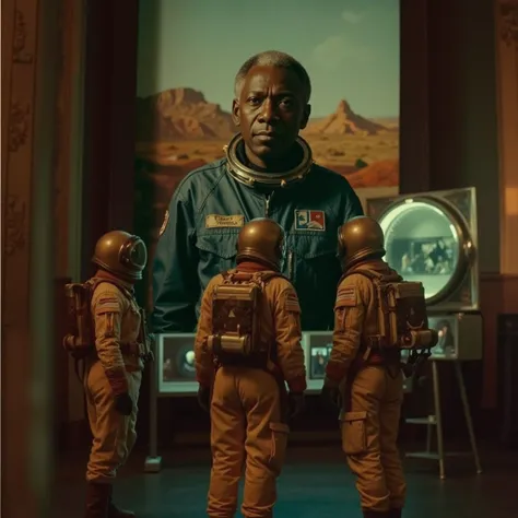 (cinematic scene) vitage style. analog style. view from behind on three male astronauts stand in a huge grand hall of a futuristic museum look at (a huge, three-quarter oil portrait) hanging on the wall