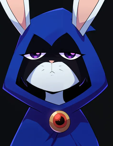 score_9, score_8_up, score_7_up, solo 1girl, solo, Expressiveh, (BunnyRaven, bunny girl, bunny ears, whiskers, purple eyes, hooded cape, blue cape, feral), expressionless, standing, black background, female focus, looking at viewer, simple background, 4k, ...