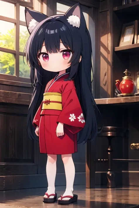 Girl Red Kimono  Chibi Long hair black Hair Pink Eyes Cat Ear full Body