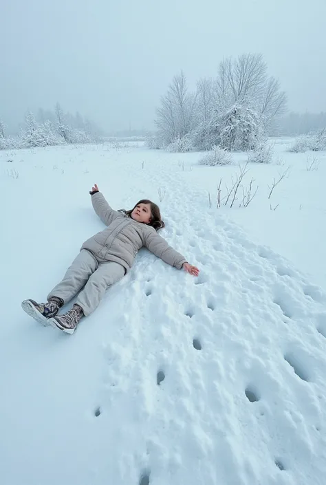  view from above ,  the girl lies in the snow with her arms and legs spread out to the sides,рядом с ней огромные Bigfoot footprints , photorealism ,photo from above,winter snow,Bigfoot footprints (yeti), High quality,16K