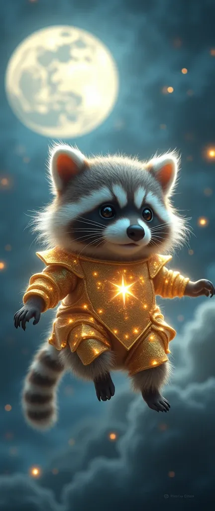 A photo of a fluffy baby raccoon with extra fluffiness, floating or leaping in space. The raccoon is wearing a shimmering, translucent golden armor adorned with stars. The armor reflects light, giving it a glowing appearance. The background contains a larg...