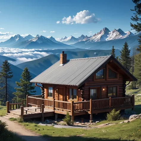 Mountain Cabin near the summit, Mountain Cabin and sea of clouds:1.3, (Masterpiece), (Best Quality), (Ultra high Detailes)