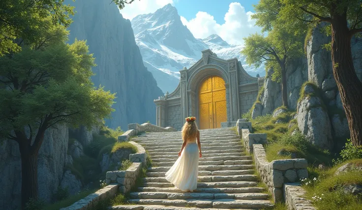 Beautiful young blonde woman dressed in white and with a wreath of flowers is going up an old stone staircase, above you can see a huge golden door. On the sides, mountains, with many trees and snow.