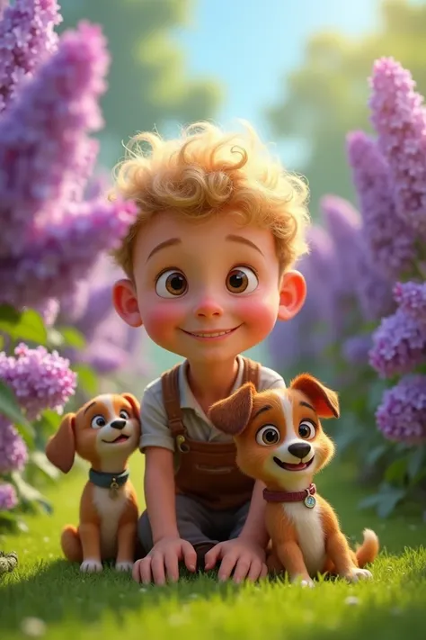 a Disney Pixar style 3D movie poster, a  boy with blond curly hair, sitting on the grass in his garden, with lilac flowers in the background, smiling happily at the camera, with his little dog.