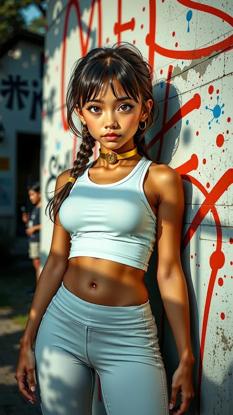 (masterpiece, best quality:1.4), official art, vivid colors, asian girl, teen, beautiful eyes, tight crop top, yoga pants, choker, (splash ink, graffiti on wall:1.2), slender, standing, from below, cowboy shot, small waist, thick thighs, sharp focus, dynam...