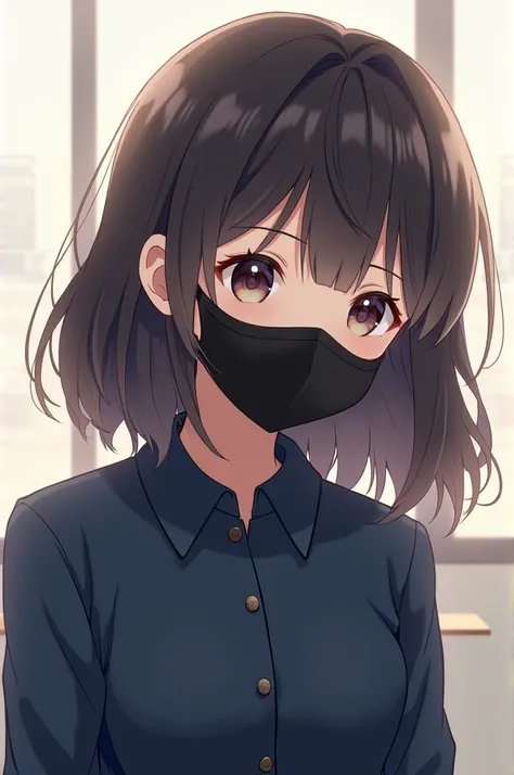 A beautiful anime girl wear navy blue colour pilo t shirt and black colour face mask