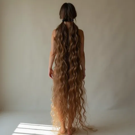 a full length image of a woman with long hair in high side ponytails to the floor standing facing the camera, naked, wavy beautiful hair, long curvy hair, curly long hair, curly, curls hair, wavy hair, wavy hair spread out,  very long wavy hair, dark blond...