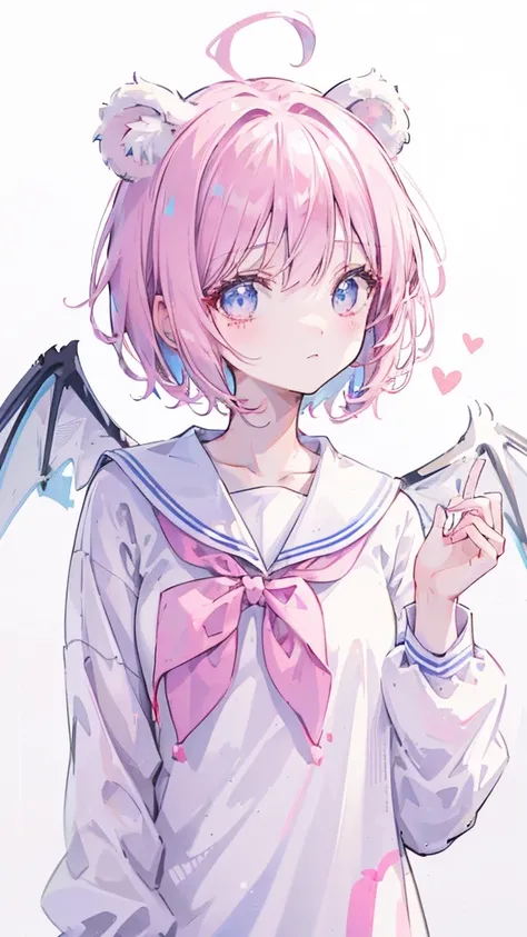 Ski style, 1 Girl,  unique ,  pink hair, Animal ears,  blue eyes ,  Wings ,  watching the audience, mole,  bangs, Short hair, bow, Sailor collar,  Simple Background , white Sailor collar, mole under mouth, hair bow, pink bow, Shut up, shirt, white shirt, B...