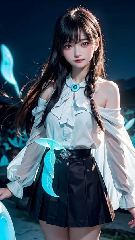 masterpiece,  best quality , Julia Fey ,  1 Girl,  unique ,  long hair,  watching the audience,  blush,  Smile, Negative Space, ( bioluminescence :1.2),  darkness,  darkness背景, Long sleeve, skirt,  Bare Shoulders ,  medium breasts, very  long hair, Wide sl...