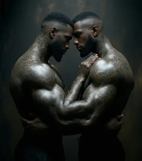 Create a full body photorealistic of two huge stocky bulky muscular hairy black men, extremely detailed face and body, his body from head to toe is fully tattoes in silver and gold mantras, full cryptic tattoes, they are hugging and kissing each others (be...