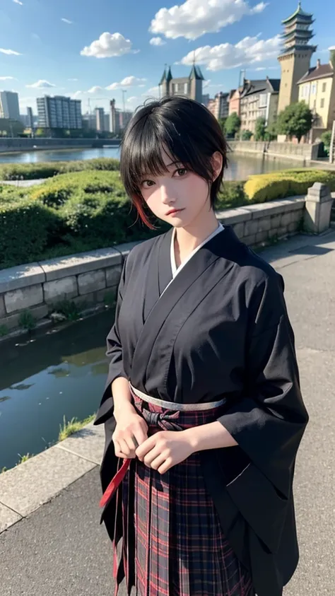 1 Girl, bangs,black_hair, blue_sky空,bridge,architecture,castle,City,Cityscape,cloud,sky,skirt,Check_exist_Check者,outdoor,red_tie,red_ribbon,ribbon,river,Short_hair,Short_sleeve,sky空,sky空scraper, unique ,Standing,village,wexister,(masterpiece, Japanese cart...