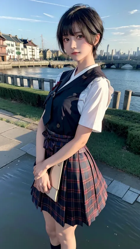 1 Girl, bangs,black_hair, blue_sky空,bridge,architecture,castle,City,Cityscape,cloud,sky,skirt,Check_exist_Check者,outdoor,red_tie,red_ribbon,ribbon,river,Short_hair,Short_sleeve,sky空,sky空scraper, unique ,Standing,village,wexister,(masterpiece, Japanese cart...