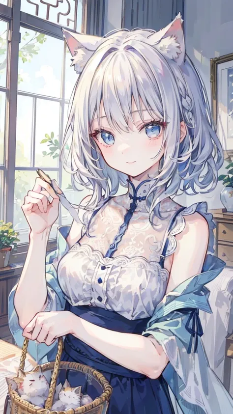 (masterpiece: 1.2,  top quality), (真实照片,  intricate detail), 1 woman,  unique ,  upper body, casual,  shoulder-length hair , Light makeup, Natural fabrics,  facial close-up ,  Smile, Home, White hair,  blue eyes , Cat ears,