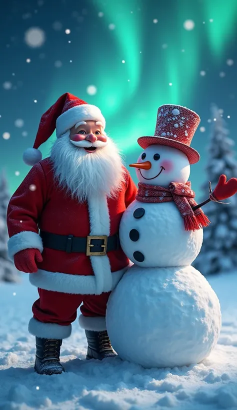 Santa Claus and Frosty the Snowman stand side by side in the snowy North Pole. Frosty’s magical top hat sparkles with snowflakes as he waves cheerfully. Together, they spread warmth and holiday cheer under the glowing northern lights.