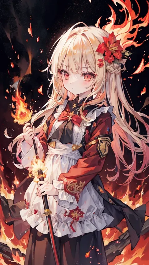 1 Girl,  bangs, breathing fire, combustion,  Burned Clothes, ember, Ahog, Beige hair, Colorful hair, fire, fire焰, fire焰剑, (Hand on the hilt), Standing,  long hair,  Thinking Motivation , expressionless, smoke, flower(symbol),   unique , fireflower, Sunset,...