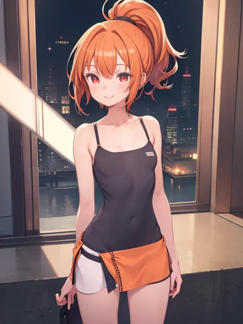 city、  masterpiece on penis 、 top quality、 1 girl、 From behind 、 orange hair、 ponytail、 Round red eyes 、 short hair to be shouldered、 camisole that feels around the crotch、Loin cloth、smile