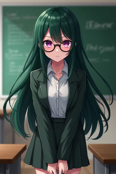 (masterpiece), best quality, expressive eyes, perfect face, long dark green hair, glasses, pink eyes, purple eyes, Heterochromia iridum, shoulders, blush, teacher, serious, legs cross, ruler spank, classroom, bend over, back