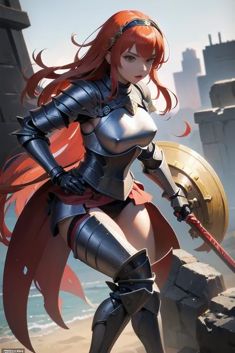  realistic 、Detailed full body、  Woman Wears Sword , armor,  shield  ,, Orange Strong Red Hair  , length, ふわふわandした少しカールのかかった髪,Girl in armor,Seductive Princess Knight  , goddess,  Metal Headband  ,  glamorous bikini armor adorned with red jewels , Bikini a...