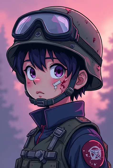 boy man man with somewhat short hair with very dark purple tones with military clothing and a helmet and who has a bandage on his left cheek that shows the whole body in the cartoon style image and that looks like he was drawn with pencil and paper and tha...