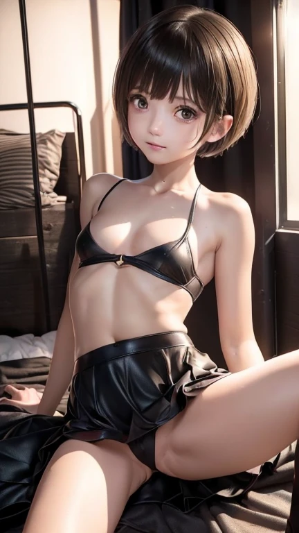 uniform,((())),    in the coal mine without makeup   ,  nothing ,   professional photos,  nothing ,   small breasts,,  slim, ((   Pixie Cut ))、  Lying on the bed.,((   please open your legs and show off your underwear  )),  Scary look, Tears in my eyes, ((...