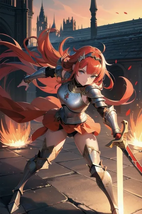  realistic 、Detailed full body、  Woman Wears Sword , armor,  shield  ,, Orange Strong Red Hair  , length, ふわふわandした少しカールのかかった髪,Girl in armor,Seductive Princess Knight  , goddess,  Metal Headband  ,  Glamorous bikini armor adorned with red jewels , Bikini a...