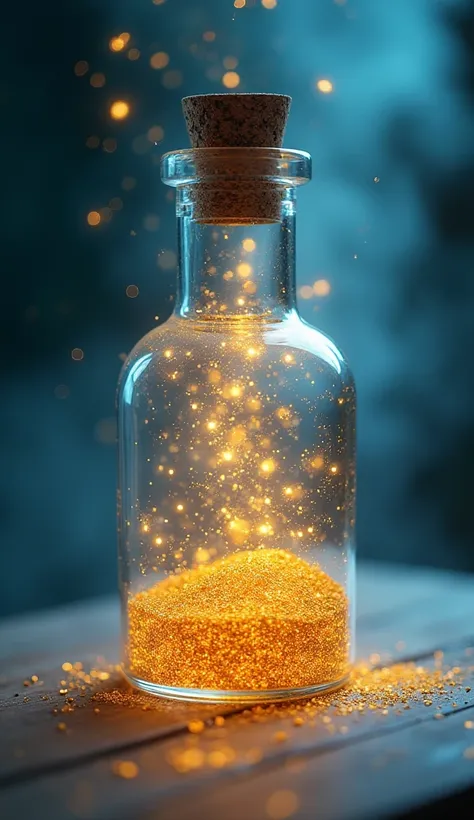  A cover for a course called Alchemist of People . in the center,  a transparent glass bottle containing shiny gold particles that seem to float . O fundo traz círculos de energia goldens e azulados com símbolos de alquimia integrados ao design. Magical at...