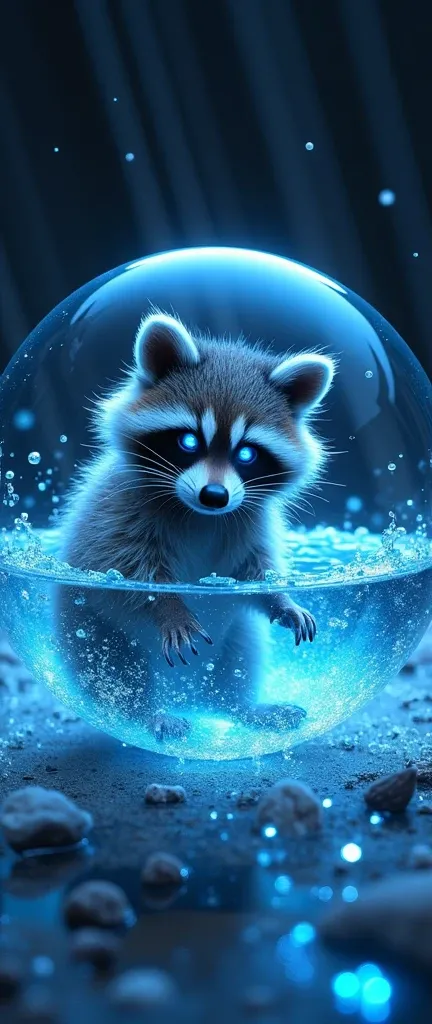 A photo of a cute, extra fluffy baby raccoon in a futuristic setting. The raccoon is inside a transparent, bubble-like sphere filled with luminescent blue water and floating bubbles. The raccoons fur is adorned with shimmering, crystalline elements, and it...