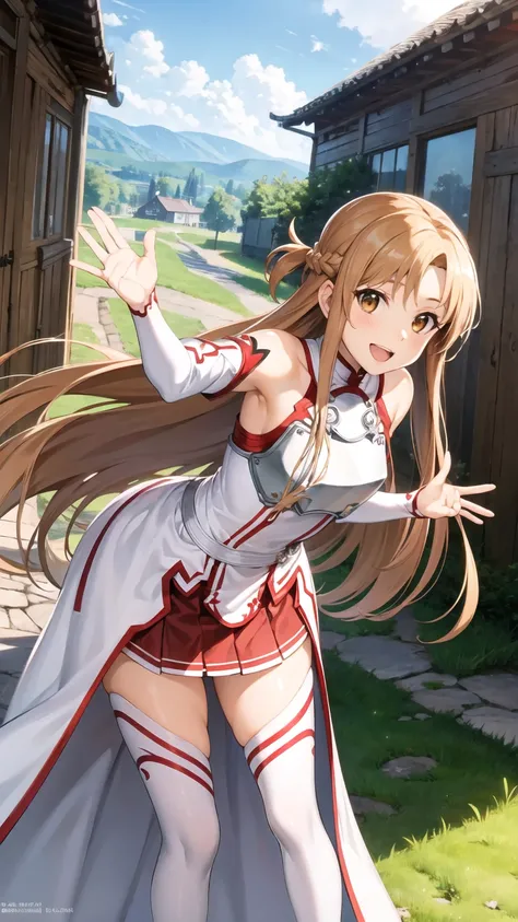 masterpiece, best quality, highres, aaasuna, long hair, brown hair, braid, brown eyes, bare shoulders, armor, breastplate, white sleeves, detached sleeves, red skirt, pleated skirt, white thighhighs, waving, smile, leaning forward, open mouth, town, fantas...