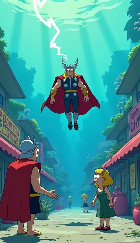 In the bustling underwater town of Bikini Bottom, Thor lands dramatically in front of Mrs. Puffs Boating School. Mrs. Puff, initially startled, steps out of her classroom, puffing up slightly in a defensive stance. Thor introduces himself, and their conver...