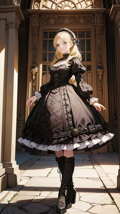 A woman in a dress and boots is standing in front of a building, baroque dress, in detailed steampunk dress, an elegant gothic princess, victorian gothic lolita fashion, Historical Baroque Dress Dark, black gothic lolita dress, fantasy style clothing, roco...